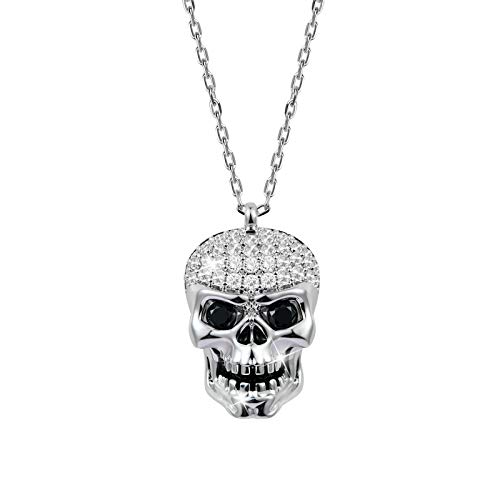 GNOCE Halloween Schädel Anhänger Halskette 925 Sterling Silber Totenkopf Halskette mit Glänzend weißer Kristall Steinen Mode Schmuck für Frauen Herren von GNOCE