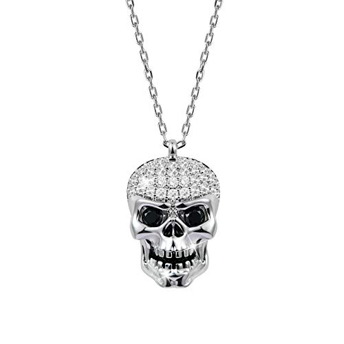 Gnoce Halloween Schädel Anhänger Halskette 925 Sterling Silber Totenkopf Halskette mit Glänzend weißer Kristall Steinen Mode Schmuck für Frauen Herren von GNOCE