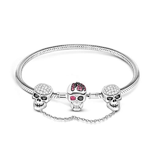 Gnoce Schädel Charm Armband Mit Sicherheitskette 925 Sterlingsilber "Nur die Liebe bleibt am Leben" Schlangenkette Bettelarmband für Damen Herren (17) von GNOCE