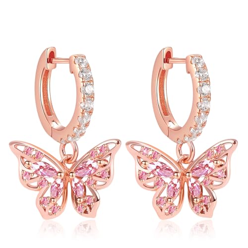 Gnoce Schmetterling Hängend Ohrring Sterling Silber Rose Gold Creolen Ohrringe mit Zirkonia Mode Tropfen Ohrringe Schmuck für Frauen Mädchen von GNOCE