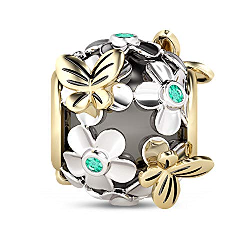 GNOCE Schmetterlings Liebe Blume Charms Kugel 925 Sterling Silber Gold Schmetterling überzogener mit Grüner Saphir Natur Thema Perle Passt Alle Armbänder/Halsketten für Sie von GNOCE