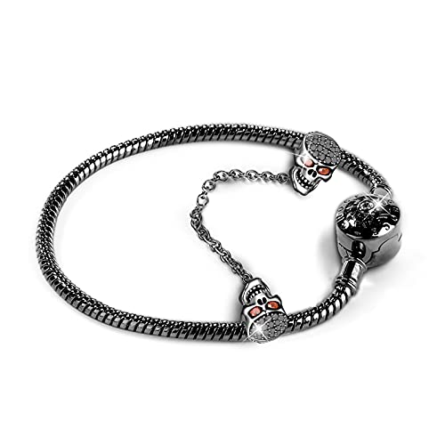 Gnoce Schwarz Schädel Charm Armband Mit Sicherheitskette 925 Sterlingsilber "Weil ich dich liebe" Schlangenkette Bettelarmband für Damen Herren (16, Style-1) von GNOCE