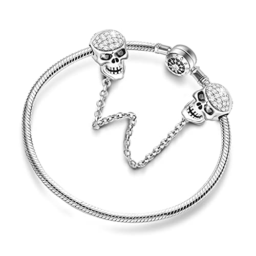 Gnoce Schwarz Schädel Charm Armband Mit Sicherheitskette 925 Sterlingsilber "Weil ich dich liebe" Schlangenkette Bettelarmband für Damen Herren (18.00, Style-3) von GNOCE