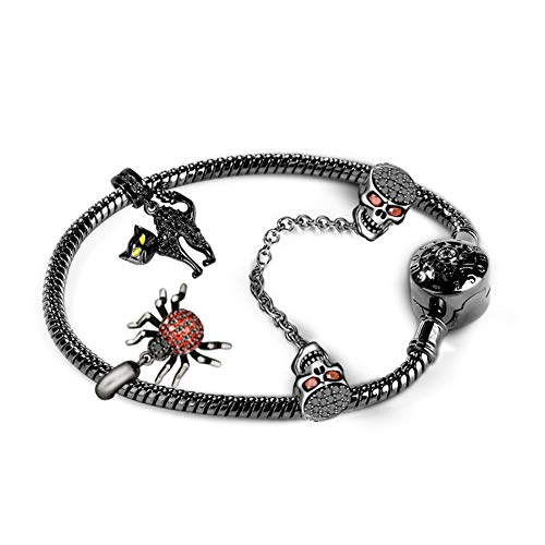 Gnoce Schwarz Schädel Charm Armband Mit Sicherheitskette 925 Sterlingsilber "Weil ich dich liebe" Schlangenkette Bettelarmband für Damen Herren (20, Style-2) von GNOCE