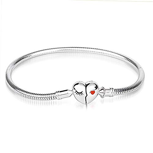 Gnoce Sterlingsilber Armband "Liebe dein Lächeln" Schlangenkette Charm Bettelarmband mit Herzverschluss für Damen Herren (17) von GNOCE