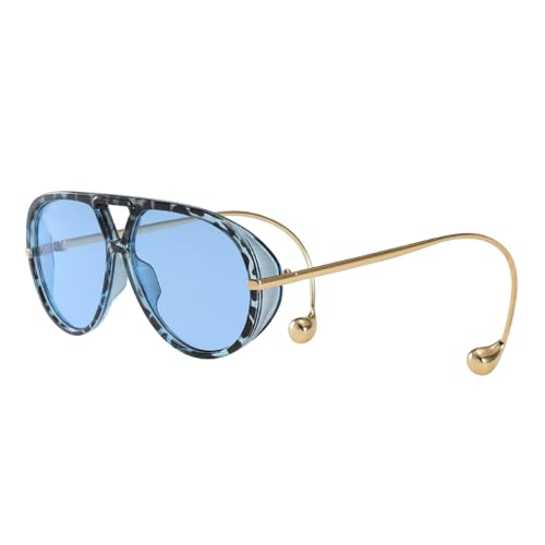 GNOLONG Vintage Übergroße Pilotenbrille Doppelbrücke Große Große Rahmen Sonnenbrille 70er Jahre Runde Brillen UV400 für Frauen Männer (Leopard Blue) von GNOLONG