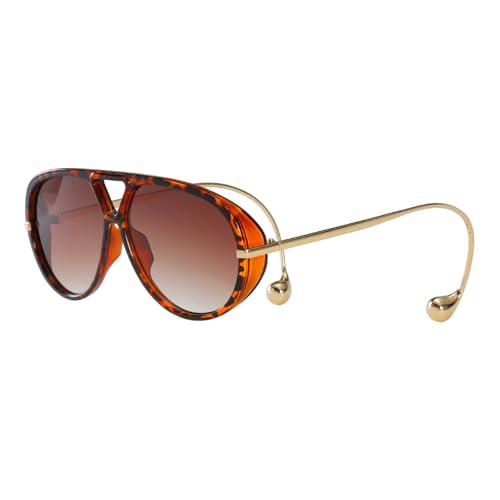 GNOLONG Vintage Übergroße Pilotenbrille Doppelbrücke Große Große Rahmen Sonnenbrille 70er Jahre Runde Brillen UV400 für Frauen Männer (Leopard Gradient Tea) von GNOLONG