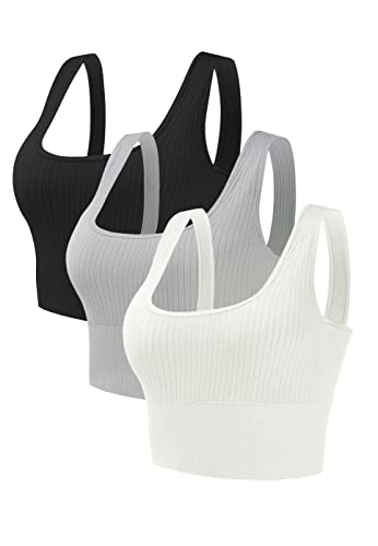 GNOWANN Sport BH Damen Mittlerer Stark Halt Bustier Damen Gepolstert Ohne Bügel Tank Top Ribbed Top Damen Push Up für Yoga Fitness Joggen, Schwarz+Grau+Haut Weiß, M von GNOWANN