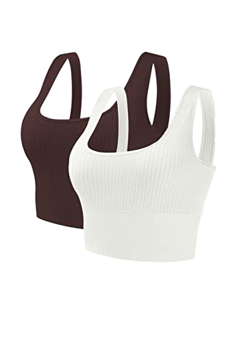 GNOWANN Sport BH Damen Mittlerer Stark Halt Bustier Damen Gepolstert Ohne Bügel Tank Top Ribbed Top Damen Push Up für Yoga Fitness Joggen, Haut Weiß+Braun, L von GNOWANN