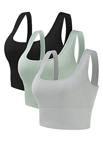 Gnowann Sport BH Damen Mittlerer Stark Halt Bustier Damen Gepolstert Ohne Bügel Tank Top Ribbed Top Damen Push Up für Yoga Fitness Joggen, Schwarz+Grau+Grün, L von Gnowann