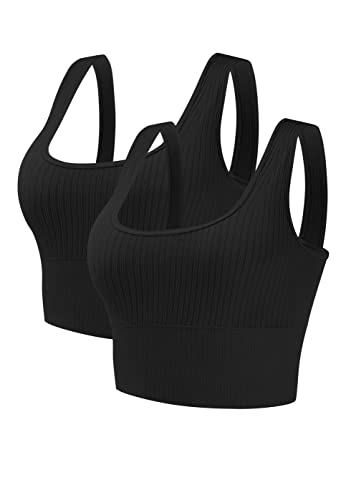 GNOWANN Sport BH Damen Mittlerer Stark Halt Bustier Damen Gepolstert Ohne Bügel Tank Top Ribbed Top Damen Push Up für Yoga Fitness Joggen, Schwarz+Schwarz, XL von GNOWANN