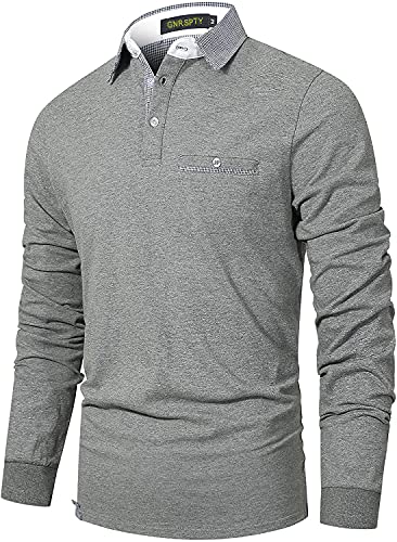 GNRSPTY Herren Poloshirt Langarm Polohemd Slim Fit Klassische Karierte Spleiß Baumwolle Golf T-Shirt,Grau 1,XXL von GNRSPTY