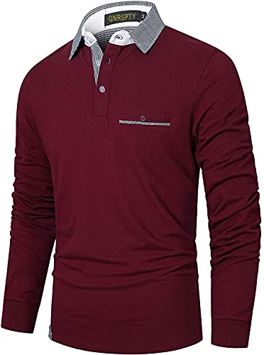 GNRSPTY Herren Poloshirt Langarm Polohemd Slim Fit Klassische Karierte Spleiß Baumwolle Golf T-Shirt,Rot 1,M von GNRSPTY
