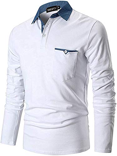 GNRSPTY Poloshirt Herren Langarm Basic Denim Nähen Casual Baumwolle Golf Tennis Poloshirts,Weiß,3XL von GNRSPTY