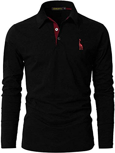 GNRSPTY Poloshirt Herren Slim Fit Langarm Stickerei Baumwolle T-Shirts Golf Poloshirts,Schwarz,3XL von GNRSPTY