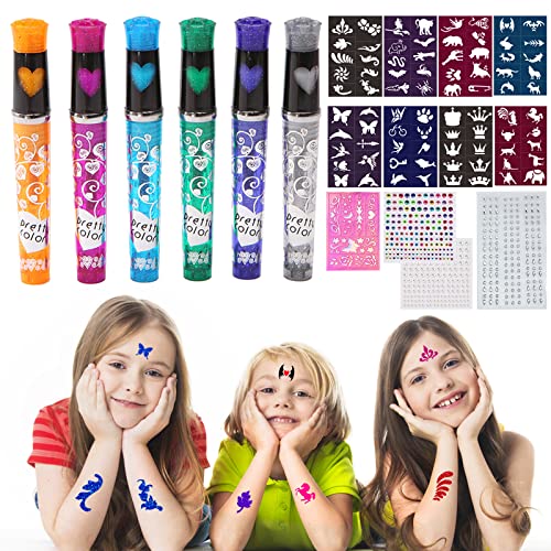 Tattoo Stifte Kinder Tatoostift für Kinder die Haut Tattoostift Gut Verträglich 6pcs Tattoo Gel Stifte Glitzer Gelstifte für Jungen Mädchen Party mit 8 Schablonen 80 Muster 3 Diamantgesichtsaufkleber von GNRYQ