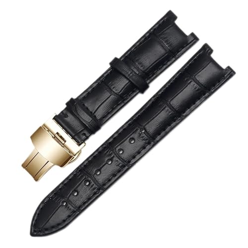 GNUFOPI Lederarmband, kompatibel mit Versace Gucci GC-Armband, 22 x 13 mm, 20 x 11 mm, gekerbtes Armband mit Edelstahl-Schmetterlings-Schnalle (schwarz-gold, 20–11 mm) von GNUFOPI
