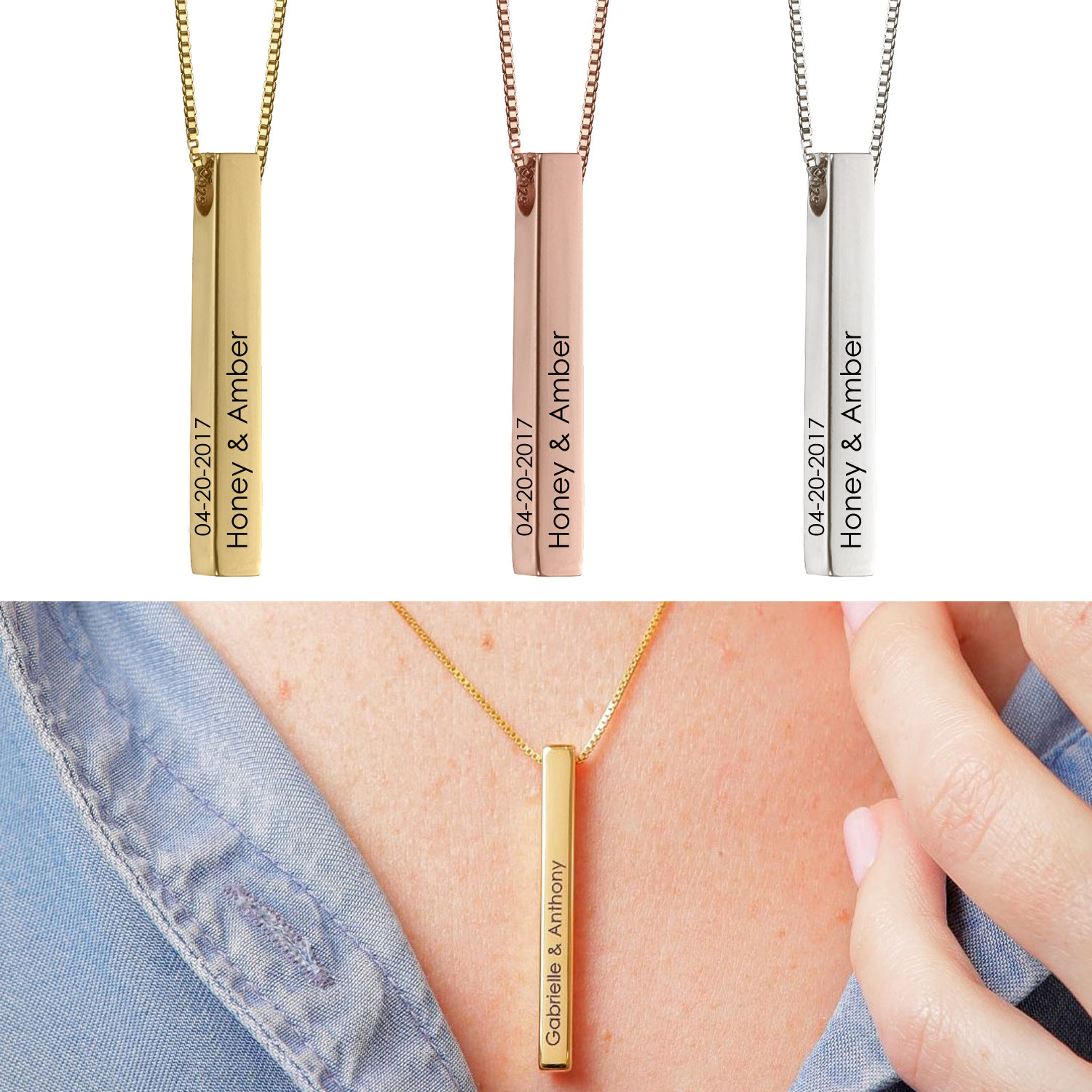 3D Bar Halskette, Personalisierte Sterling Silber Benutzerdefinierte 4 Seite Halskette von GNhandmadeDesign