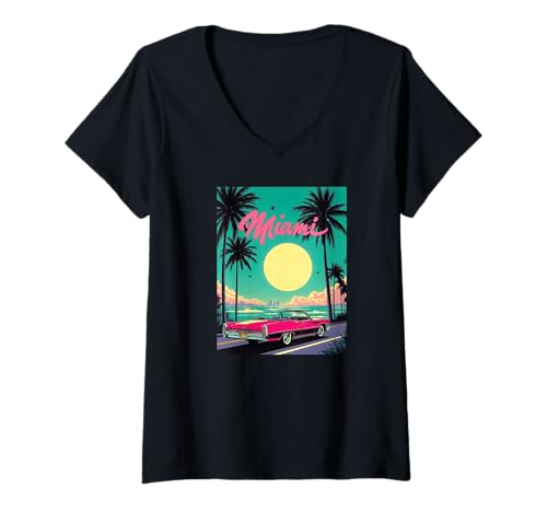 Damen Miami Sonne Palmen Cabriolet Retro 80er T-Shirt mit V-Ausschnitt von GO Casual & Legendary