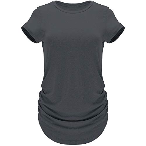 GO HEAVY Damen Multifunktions Pilates Jogging T-Shirt Kurzarm Yoga Gym Sportshirt Rundhals Feutigkeitsabsobierend Dunkelgrau L von GO HEAVY