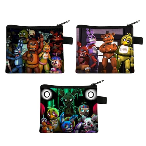 GOBIWM 3 Stück FNAF Münzbörse Unisex Geldbörse Tasche mit Reißverschluss Tragbar Cartoon Kurze Geldbörse für Schlüssel, Headset, Lippenstift, Karte (Type 1, 13.5 * 11cm(5.3 * 4.3inch)) von GOBIWM