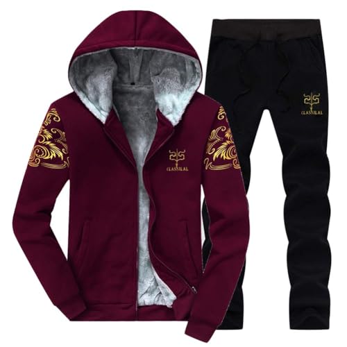 GOBIWM Herren Fleece Slim Fit Trainingsanzug Set Zip Up Hoodie und Jogginghose Hooded Gym Suit, rot, S von GOBIWM