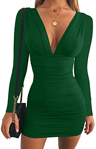 GOBLES Damen Sexy Langarm V Ausschnitt Gerüscht Bodycon Mini Party Cocktail Kleid, Grün , Mittel von GOBLES