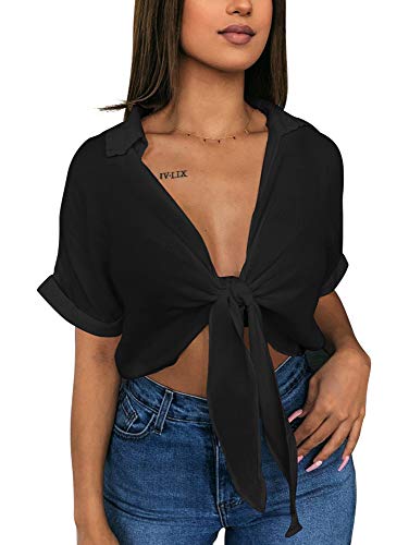 GOBLES Damen Sommer Kurzarm Shirts V-Ausschnitt Krawatte Knoten Fledermaus Blusen Tops, Schwarz, Groß von GOBLES