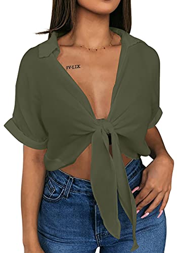 GOBLES Damen-Sommer-Shirt, kurzärmelig, V-Ausschnitt, Knoten, Fledermausärmel, Blusen, olivgrün, Klein von GOBLES