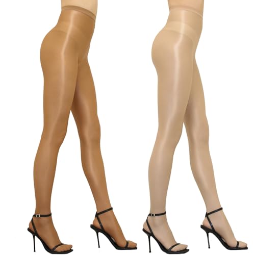 GOCBOBO Damen Glänzend Strumpfhose Hohe Elastizität 70 Denier Footed Hohe Taille Tanzstrumpfhose Beige+Braun von GOCBOBO
