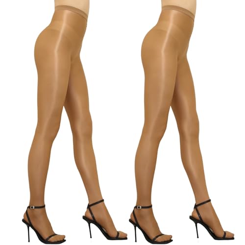 GOCBOBO Damen Glänzend Strumpfhose Hohe Elastizität Tanzstrumpfhose Damen 70 Denier Footed Hohe Taille Strumpfhosen für Damen Braun+Braun von GOCBOBO