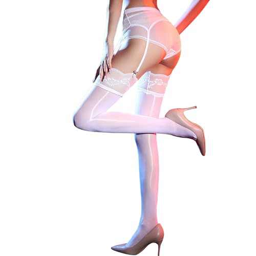 GOCBOBO Damen Strapsstrümpfe Hohe Taille Sexy Strapsstrümpfe Damen Öl Glänzende Strumpfhalter Halterlose Strümpfe Weiß von GOCBOBO