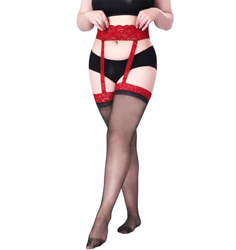 GOCBOBO Sexy Strapsstrümpfe mit Spitze für Damen Durchsichtige Strapsen Strümpfe Strapsstrumpfhose Schwarzer Strumpf mit rotem Rand von GOCBOBO