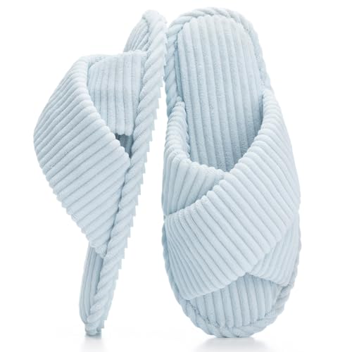 GOEWY Damen Hausschuhe mit Memory Foam Kordstoff-Wohnschuhe fürs Schlafzimmer, offener Zehen, Querriemen-Schleife, rutschfeste Sohle. Bequeme Trend-Slide als stylisches Geschenk. von GOEWY