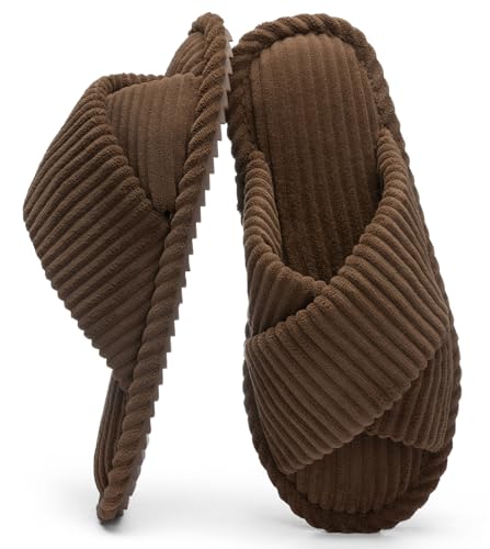 GOEWY Damen Hausschuhe mit Memory Foam Kordstoff-Wohnschuhe fürs Schlafzimmer, offener Zehen, Querriemen-Schleife, rutschfeste Sohle. Bequeme Trend-Slide als stylisches Geschenk. von GOEWY