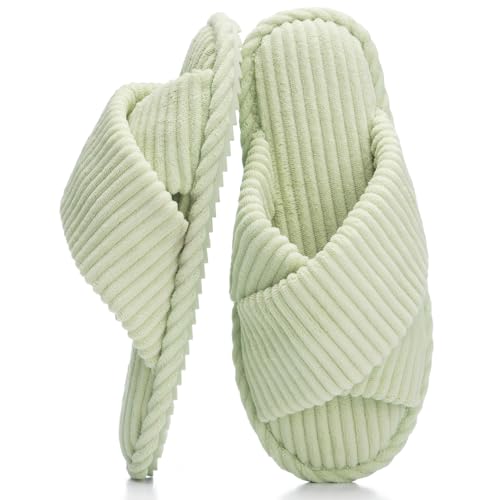 GOEWY Damen Hausschuhe mit Memory Foam Kordstoff-Wohnschuhe fürs Schlafzimmer, offener Zehen, Querriemen-Schleife, rutschfeste Sohle. Bequeme Trend-Slide als stylisches Geschenk. von GOEWY