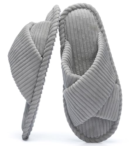 GOEWY Damen Hausschuhe mit Memory Foam Kordstoff-Wohnschuhe fürs Schlafzimmer, offener Zehen, Querriemen-Schleife, rutschfeste Sohle. Bequeme Trend-Slide als stylisches Geschenk. von GOEWY