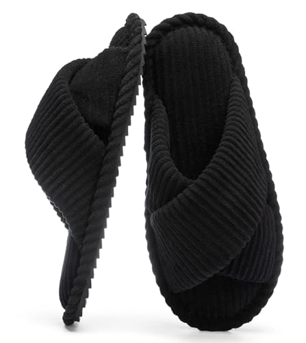 GOEWY Damen Hausschuhe mit Memory Foam Kordstoff-Wohnschuhe fürs Schlafzimmer, offener Zehen, Querriemen-Schleife, rutschfeste Sohle. Bequeme Trend-Slide als stylisches Geschenk. von GOEWY