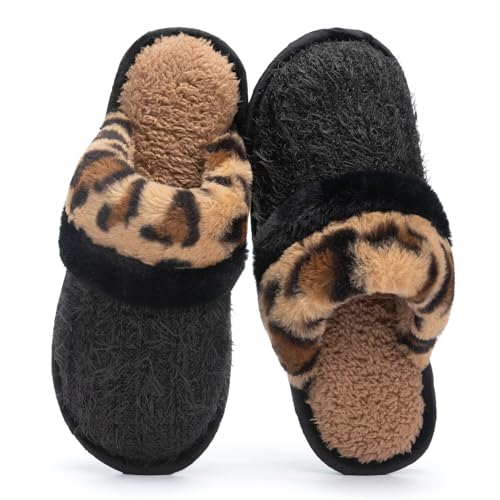 GOEWY Hausschuhe Damen Herren Winter - Flauschige Pantoffeln mit Memory Foam, Wärmende & Rutschfeste Hausschuhe für Kalte Tage Bequeme Elegantes-Slide als stylisches Geschenk(Black Leopard,40/41EU) von GOEWY