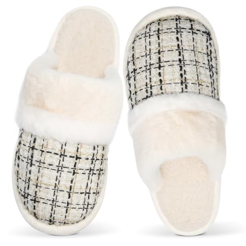 GOEWY Hausschuhe Damen Herren Winter Plüsch Wärme Pantoffeln Weiche Flache Memory Foam Home Rutschfeste Slippers(Chic Beige,36/37EU) von GOEWY