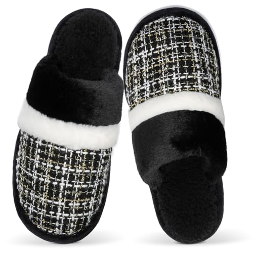 GOEWY Hausschuhe Damen Herren Winter Plüsch Wärme Pantoffeln Weiche Flache Memory Foam Home Rutschfeste Slippers(Chic Black,38/39EU) von GOEWY