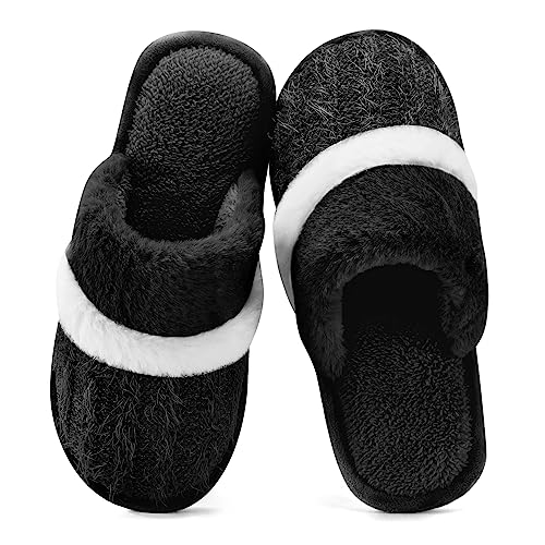 GOEWY Hausschuhe Damen Herren Winter Plüsch Wärme Pantoffeln Weiche Flache Memory Foam Home Rutschfeste Slippers(Schwarz,45/46EU) von GOEWY