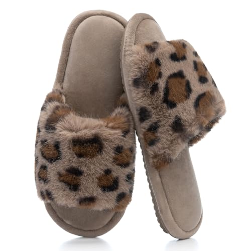 GOEWY Damen Hausschuhe mit Memory Foam - Leopardenmuster, kuschelig weich - Hausschuhe offen für Indoor/Outdoor Super weiche Fuzzy Schlupfpantoffeln als Geschenk für Frauen & Mütter Rutschfeste Sohle von GOEWY