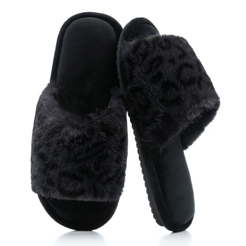 GOEWY Damen Hausschuhe mit Memory Foam - Leopardenmuster, kuschelig weich - Hausschuhe offen für Indoor/Outdoor Super weiche Fuzzy Schlupfpantoffeln als Geschenk für Frauen & Mütter Rutschfeste Sohle von GOEWY