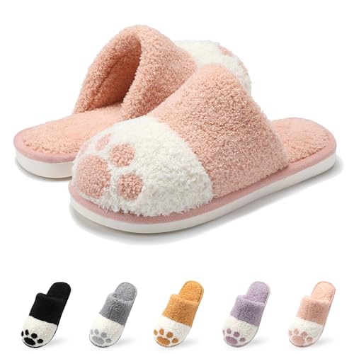 GOEWY Winter Hausschuhe Damen Süße Tiere Warme Plüsch Pantoffeln Herren Fußabdrücke von Hunden Indoor Outdoor Rutschfeste Slippers(Rosa,37/38EU) von GOEWY