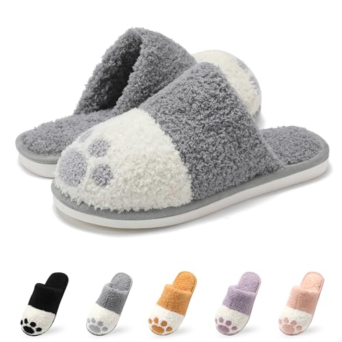 GOEWY Winter Hausschuhe Damen Süße Tiere Warme Plüsch Pantoffeln Herren Fußabdrücke von Hunden Indoor Outdoor Rutschfeste Slippers(Grau,35/36EU) von GOEWY