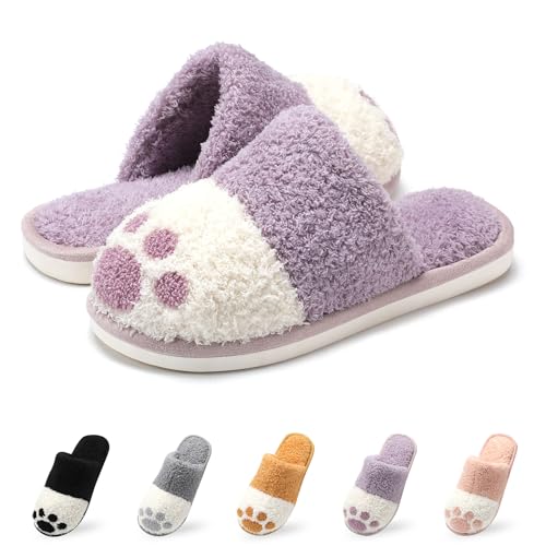 GOEWY Winter Hausschuhe Damen Süße Tiere Warme Plüsch Pantoffeln Herren Fußabdrücke von Hunden Indoor Outdoor Rutschfeste Slippers(Lila,41/42EU) von GOEWY