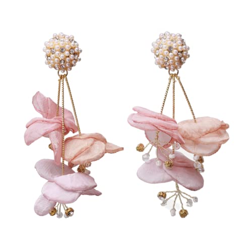 GOGNGTR Bohemia Emulation Stoff Blume Ohrringe für Frauen Handgemachte Spitze Quaste Strass Perle Ohrringe baumeln, Acryl, Achat von GOGNGTR