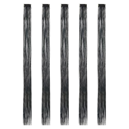 22 Zoll bunte Lametta-Haarverlängerungen, Lametta-Synthetik-Clip-in-Haar, Haarschmuck for Frauen, Mädchen, Party, Festival, 5 Stück(Black) von GOHAPY