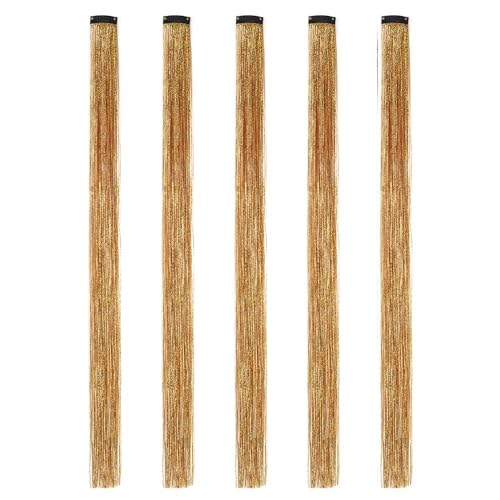 22 Zoll bunte Lametta-Haarverlängerungen, Lametta-Synthetik-Clip-in-Haar, Haarschmuck for Frauen, Mädchen, Party, Festival, 5 Stück(Gold) von GOHAPY